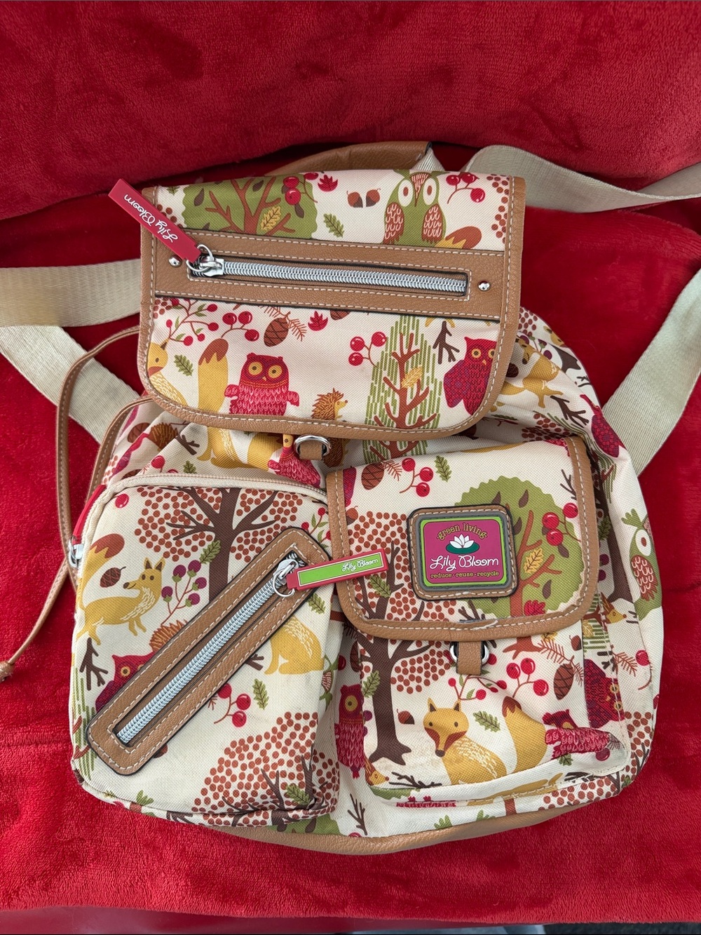 Lily Bloom Cream Woodland Print Backpack with Brown Trim